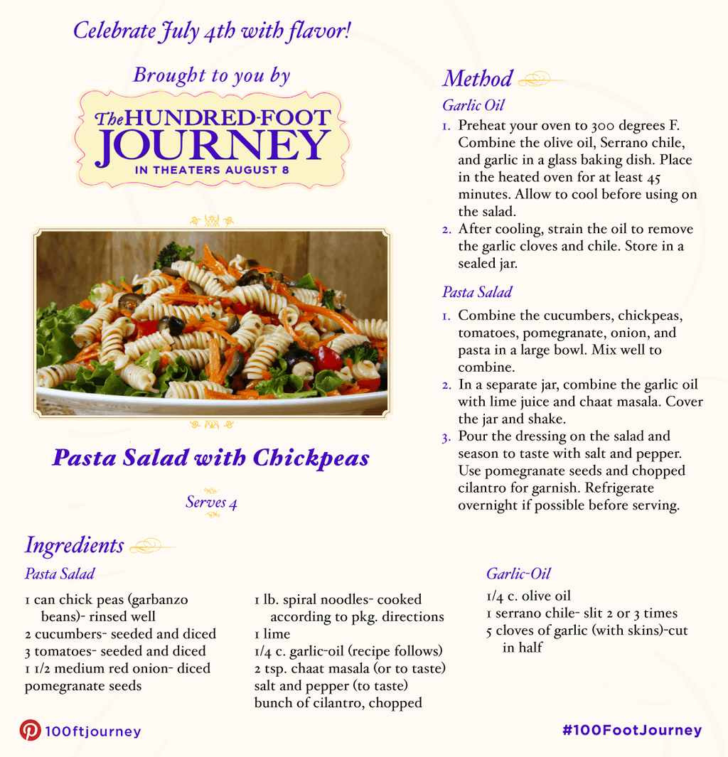 Pasta Salad with Chickpeas Recipe from THE HUNDRED-FOOT JOURNEY #FoodieFriday ‪#‎100FootJourneyEvent