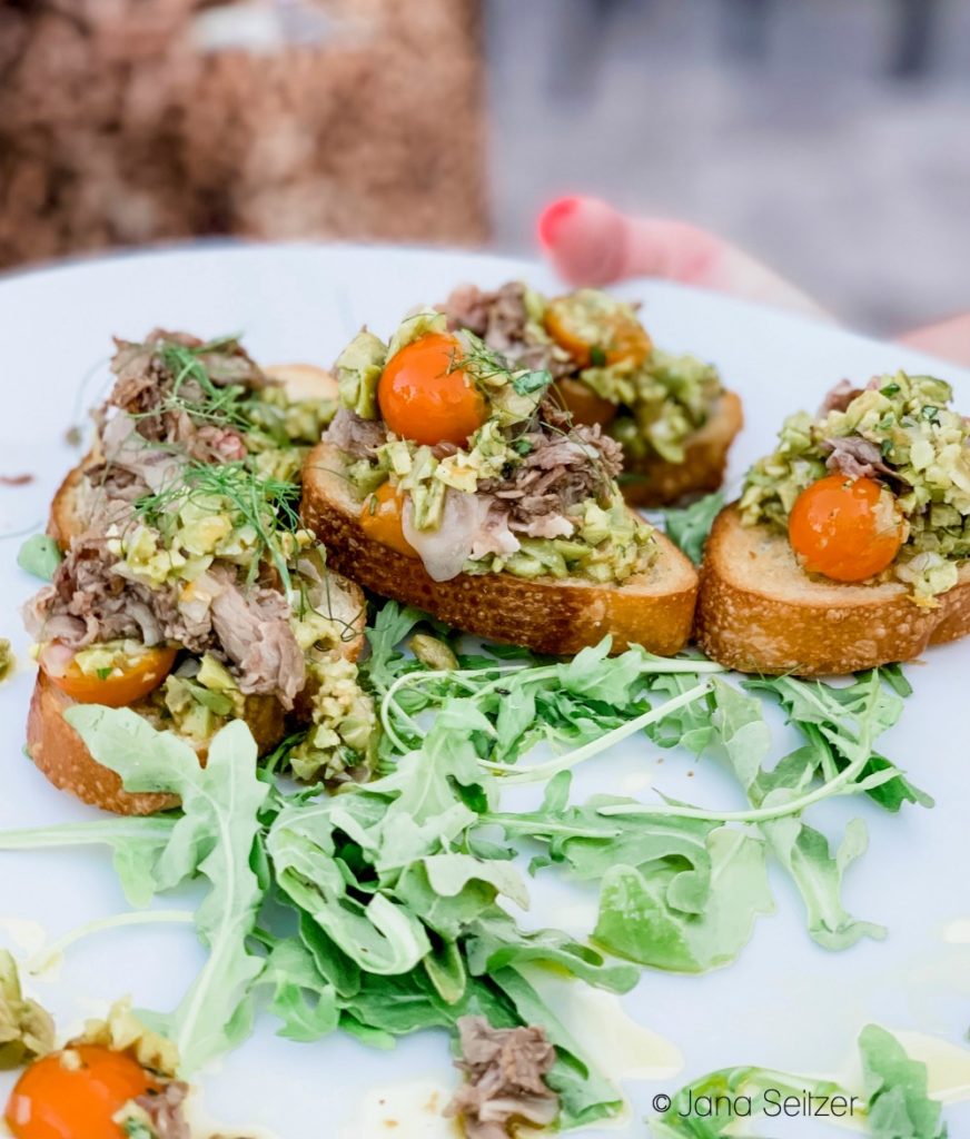 Steak Bruschetta Castelvetrano Olive, Orange, Tomato, Herbs, Jordan Winery Olive Oil