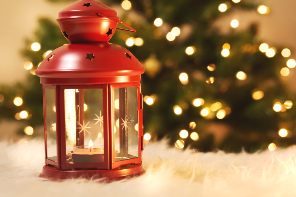 Christmas lantern with tree at night