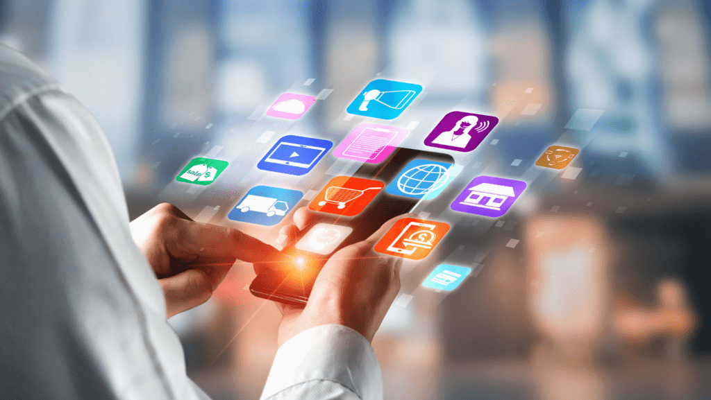 hands with app icons and phone